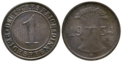 ГЕРМАНИЯ 1 РЕЙХСПФЕННИГ 1934 A KM 37, J. 313 бронза 4380-1258