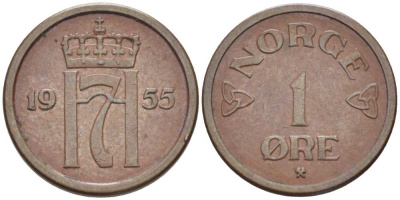 НОРВЕГИЯ 1 ЭРЕ 1955 ХОКОН VII (1905-1957) KM 398 бронза 116-1063
