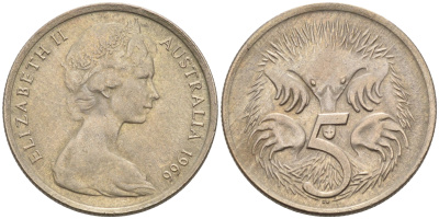 АВСТРАЛИЯ 5 ЦЕНТОВ 1966 ЕЛИЗАВЕТА II, МОЛОДОЙ ПОРТРЕТ, ЕХИДНА KM 64 медно-никель 4564-1148