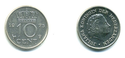 НИДЕРЛАНДЫ 10 ЦЕНТОВ 1975 ЮЛИАНА KM 182 никель 76-351
