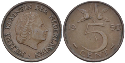 НИДЕРЛАНДЫ 5 ЦЕНТОВ 1950 ЮЛИАНА KM 181 бронза 31-937