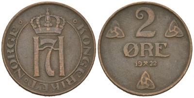 Норвегия 2 эре 1922 Хокон VII (1905-1957) KM 371 бронза 4615-355