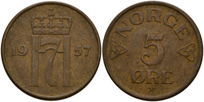 Норвегия 5 эре 1957 Хокон VII (1906 - 1957) KM 400 бронза 4156-247