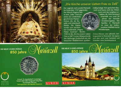 Австрия 5 евро 2007 850 лет городу Мариацелль, церковь KM 3145 серебро UNC 1-5-2-06