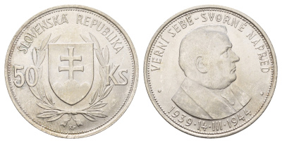 Словакия 50 крон 1944 5 лет Словацкой республике KM 10 серебро UNC 413-1225