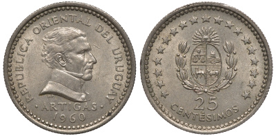 Уругвай 25 сентесимо 1969 Хосе Хервасио Артигас KM 40 медно-никель aUNC M53-12