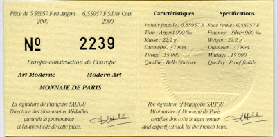 Франция 1 евро = 6,55957 франков 2000 современная архитектура XX-XXI веков в коробке с сертификатом KM 1228 серебро PROOF 4-3-3-16