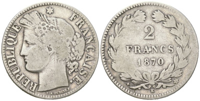 Франция 2 франка 1870 K KM 816.2 серебро 4044-432