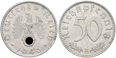 Германия 50 рейхспфеннигов 1943 B цена по каталогу МТ 44 евро J. 372, KM 96 алюминий UNC 1522-242