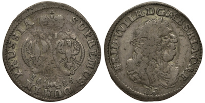 Бранденбург-Пруссия 6 грошей 1686 BA, Фридрих Вильгельм (1640-1688), вес 3,3 гр. KM 429 серебро 1516-321