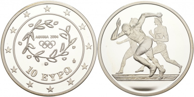 Греция 10 евро 2003 XXVIII летние Олимпийские игры 2004 года в Афинах, легкая атлетика, бег KM 190 серебро PROOF 02-056-15