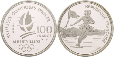 Франция 100 франков 1989 XVI Зимние Олимпийские игры 1992 в Альбервиле, парное фигурное катание KM 972 серебро PROOF 1081-8-52