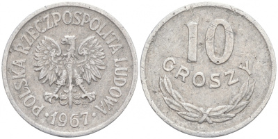 Польша 10 грошей 1967 MW KM AA47, Parchimowicz 206f алюминий 99-619