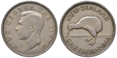 Новая Зеландия 1 флорин 1948 птичка киви, Георг VI (1937-1952), первый год KM 18 медно-никель    4117-436