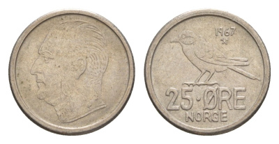 Норвегия 25 эре 1967 Улаф V (1957-1991) KM 407 медно-никель 4632-1239
