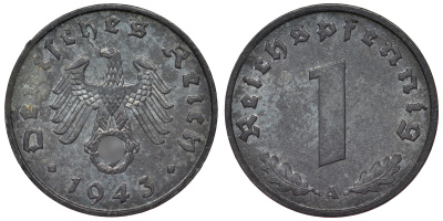 Германия 1 рейхспфенниг 1943 A KM 97, J. 369 цинк 4124-228