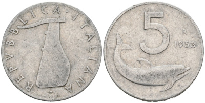 Италия 5 лир 1953 R, дельфин, плуг KM 92 алюминий 4567-343