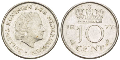 НИДЕРЛАНДЫ 10 ЦЕНТОВ 1977 ЮЛИАНА (1948-1980) KM 182 никель 211-1227