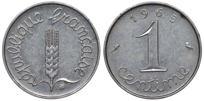 Франция 1 сантим 1965 пятая республика KM 928, Le Franc 106.10 нержавеющая сталь 4124-365