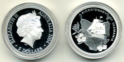 АВСТРАЛИЯ 5 ДОЛЛАРОВ 2004 200 ЛЕТ ОТКРЫТИЯ ТАСМАНИИ - ПАРУСНИК Ш2