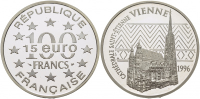 Франция 100 франков - 15 евро 1996 серия архитектурные монументы европы, кафедральный собор Сент-Этьен в Вене KM 1140 серебро PROOF 11-171-12