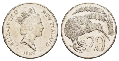 Новая Зеландия 20 центов 1989 Елизавета II (1952-2022), птичка киви KM 62 медно-никель 86-1543