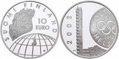 Финляндия 10 евро 2002 50 лет Олимпиаде 1952 года в Хельсинки KM 107 серебро PROOF 11-262-21