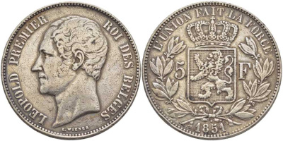 Бельгия 5 франков 1851 Леопольд I (1831-1865), без точки над датой KM 17 серебро 5010-822