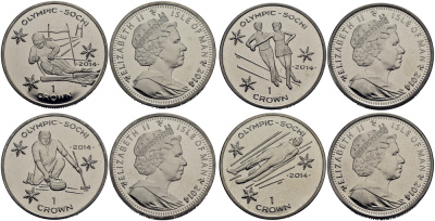 Остров Мэн 1 крона 2014 Зимние Олимпийские игры 2014 года в Сочи, коллекция из четырех монет KM NEW медно-никель UNC M94-07