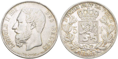 Бельгия 5 франков 1868 Леопольд II (1865-1909) KM 24 серебро 4184-612