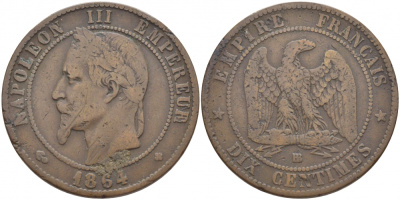 Франция 10 сантимов 1864 BB, Наполеон III (1852-1870) KM 798.2, Le Franc 134.12 бронза 3460-915