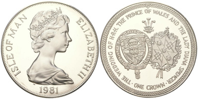 Остров Мэн 1 крона 1981 Свадьба Принца Чарльза и Леди Дианы, гербы KM 81a серебро PROOF 1530-1241