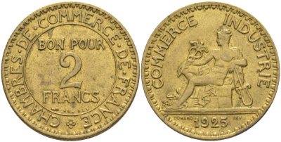 Франция 2 франка 1925 тип Chambre de commerce KM 877, Le Franc 267.7 алюминиевая бронза 3460-532