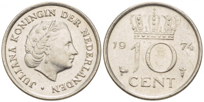 НИДЕРЛАНДЫ 10 ЦЕНТОВ 1974 ЮЛИАНА KM 182 никель 4547-846