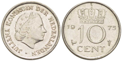 НИДЕРЛАНДЫ 10 ЦЕНТОВ 1975 ЮЛИАНА (1948-1980) KM 182 никель 116-927