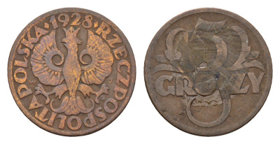 Польша 5 грошей 1928 Y 10a бронза 4651-643