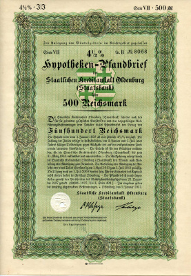 Германия 500 рейхсмарок 1937 Государственное кредитное учреждение Ольденбурга (Государственный банк), ипотечный залог под залог 4-1/2%, облигация   бумага   8802-15-1