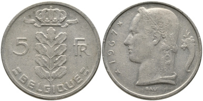 БЕЛЬГИЯ 5 ФРАНКОВ 1967 BELGIQUE KM 134.1 медно-никель 65-1145