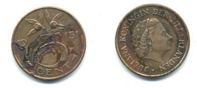 НИДЕРЛАНДЫ 5 ЦЕНТОВ 1951 ЮЛИАНА KM 181 бронза 83-845