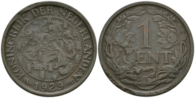 Нидерланды 1 цент 1929 Вильгельмина (1890-1948) KM 152 бронза 4576-1119