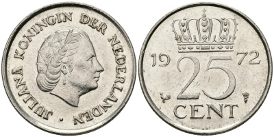 Нидерланды 25 центов 1972 Юлиана (1948-1980) KM 183 никель 96-227