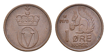 Норвегия 1 эре 1970 Улаф V (1957-1991) KM 403 бронза 4588-449