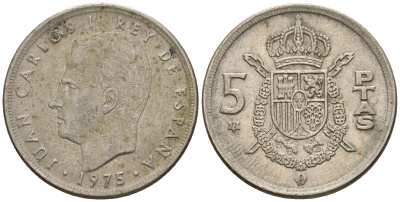 Испания 5 песет 1975 (77) Хуан Карлос I (1975-2014) KM 807 медно-никель 259-337