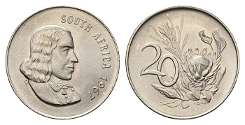 ЮАР 20 центов 1967 Ян ван Рибек (1619-1677), South Africa, легенда на английском, цветок протея KM 69.1 никель BU 4693-425