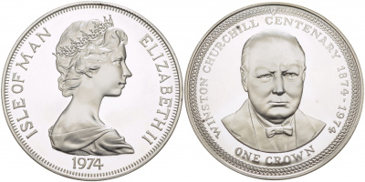 Остров Мэн 1 крона 1974 100 лет со дня рождения Уинстона Черчилля КМ 30a серебро PROOF 1081-4-13