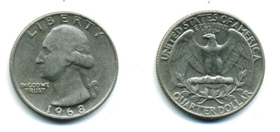 США 25 центов (квотер) 1968 Вашингтон KM 164а медь плакированная медно-никелем 46-1931