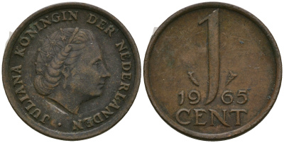 Нидерланды 1 цент 1965 Юлиана (1948-1980) КМ 180 бронза 4608-1127