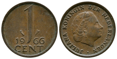 НИДЕРЛАНДЫ 1 ЦЕНТ 1966 ЮЛИАНА KM 180 бронза 75-912