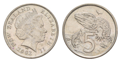 Новая Зеландия 5 центов 2002 Елизавета II (1952-2022), ящерица гаттерия KM 116 медно-никель 4588-323