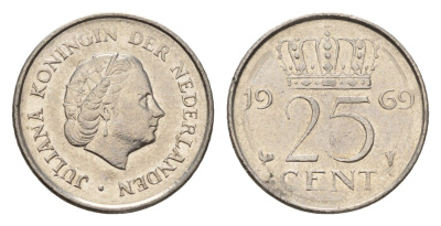 Нидерланды 25 центов 1969 Юлиана (1948-1980) KM 183 никель 206-631